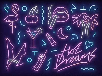 Hot Dreams disco flamingo illustration kitsch linework memphis pattern miami neon palm 🌴 👄 💄
