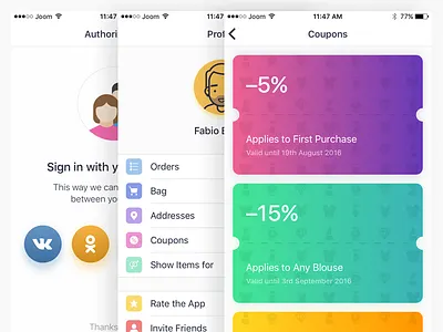 eCommerce App [Settings, Coupons & Authorization Screens] app authorization cards coupons gradient icon ios ipad iphone settings