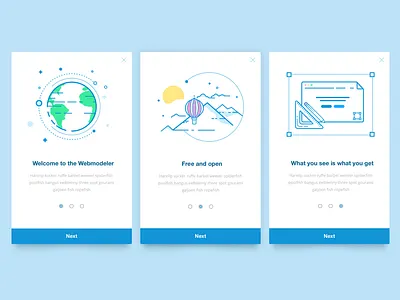 Onboarding cards - Webmodeler balloon card custom design digital illustration introduction material mountain onboarding planet screen