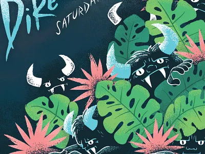 Monsters and Brush Script! band poster brush script bushes foliage gig poster monsters palm trees palms plants