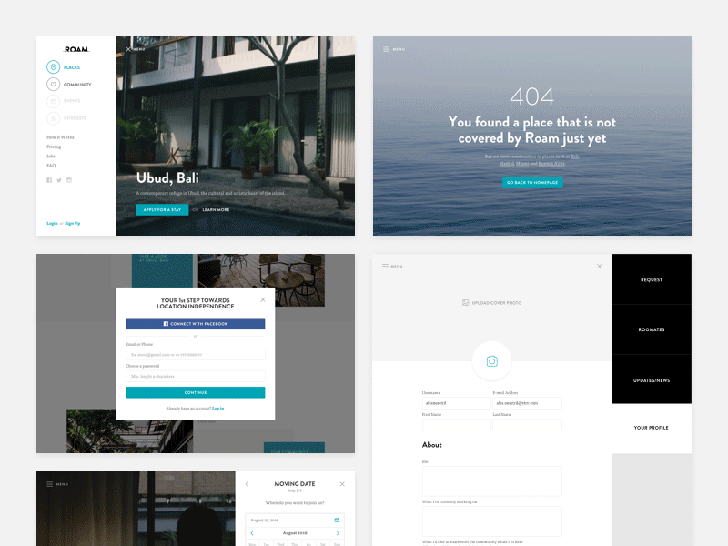 Roam - Subpages 404 adventure edit profile landing page modal roam sidebar strv strvcom travel traveling web design