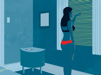 The Blue Room adobe illustrator adobe photoshop black dress illustration motel room waiting