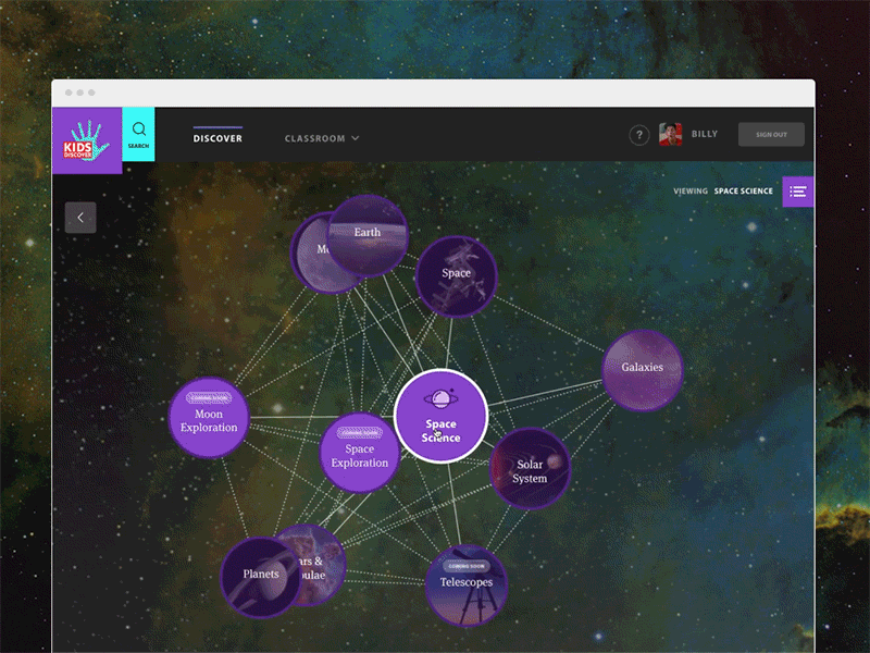 Kids Discover - Discover Map chart d3 interaction interface map nodes space ui visualization web design