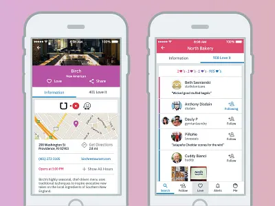 WoM Place Profile, Info & Love Screens app follow food foodie information love profile restaurant social media social network ui user list