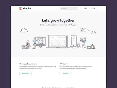 Developer portal api build developer documentation grow illustration kayako library portal together trust ui
