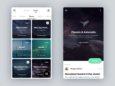 Groups app astronomy cards clubs floating button groups ios material design music night sky space sports