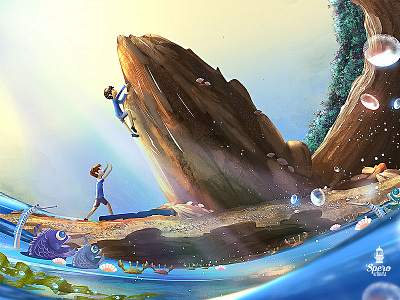 Boulder by the Sea aqua blue concept art digital art drawing environment fish illustration marine nature ocean sea