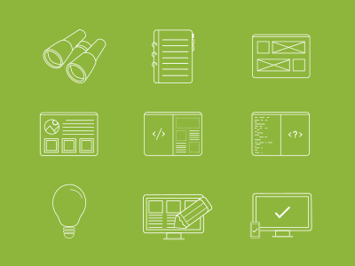 Ecce Media Project Process Icons binoculars content icons idea lightbulb mac website wireframes