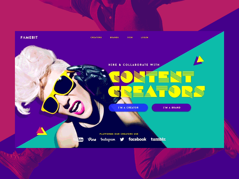 Landing Page and Motion Design 80s animation brand famebit fresh hipster marketing motion pop rocks transition ui vibrant
