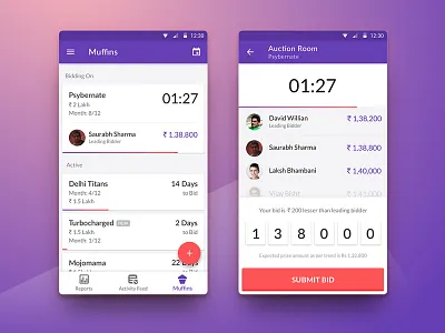 Live Auctions and material bottom bar auctions bid bottom bar cards fab keyboard leader price status timer winner