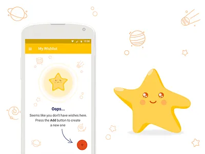 Empty state for Wishlist Application android application cartoon empty state illustration mobile mockup space star ui ux wishlist