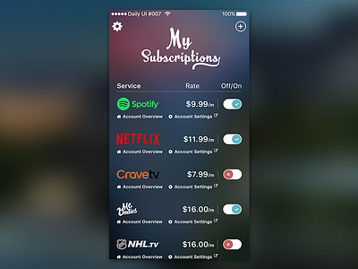 Daily UI #007 - Settings (My Subscriptions) app cravetv dailyui ios meundies netflix nhl settings spotify subscriptions ui ux