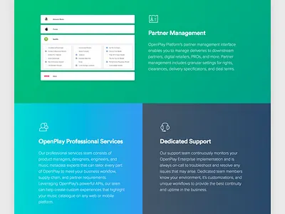 Content Cards — OpenPlay / Enterprise blue card gradient graphite green half icon screenshot teal video