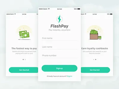 Flash pay onboarding cashback flat mobile app money onboarding payment signin signup ui ux