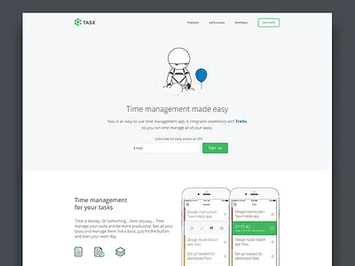Time management app landing page app green landing page management mobile robot time time management web webpage white