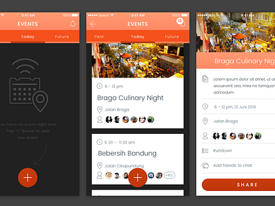 Events android app card dark grey detail screen empty screen events icons ios ios app list listing orange