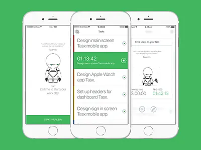 Tasx - time management app case study app green management project robot task tasks time time management white