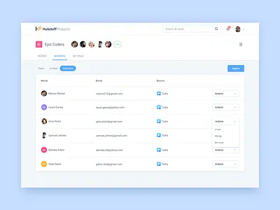 Import team members app cards clean dashboard icons management material design organization project table tabs users