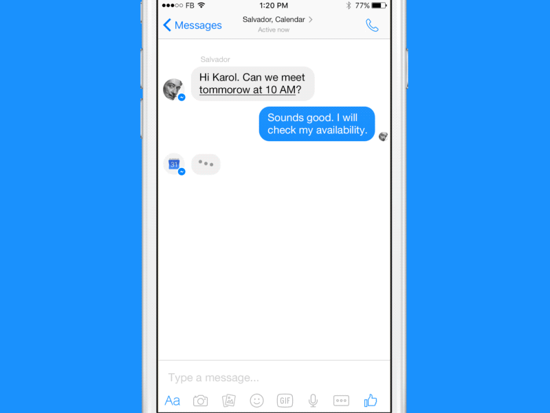 Messenger Bots - Calendar Integration bots ui bots ux chat ui gif google calendar messenger messenger bots minimal ui ux animation