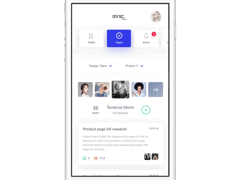 avsc. tasklist interaction crm dashboard ecommerce flat framerjs minimal mobile profile shop task ui