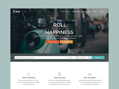 Roll in Happiness app booking e commerce homepage landing marketing parking payment responsive search web