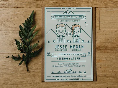 J+M Wedding Invite bride cartoon cartoon characters groom illustration invite mountains stamp typography wedding wedding invite wedding stamp
