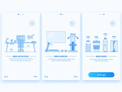 Health Work And Lifestyle onboarding pages. activitive and cups exercise gym health lifestyle water work