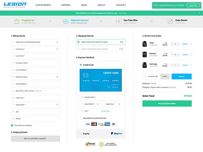 Legion - Express Checkout Page checkout clean ecommerce one page checkout payment product shop store supplements web