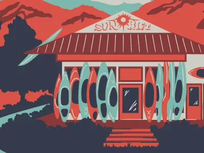 Sunrift Adventures adventure bike camping hand drawn illustration kayak landmark landscape mountains outdoors paddle sports