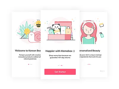 Onboarding Screen - Memebox App app beauty bee flat illustration memebox onboarding ui ux