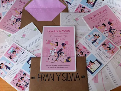 Wedding Invitation bike blue card cartoon character design illustration invitation pink print vector wedding