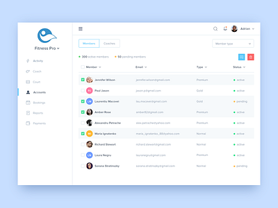 Accounts screen [white sidebar] account admin app clean dashboard icons management profile sidebar table tabs ui