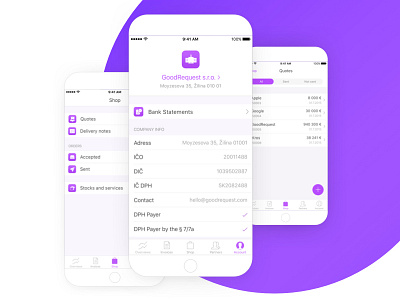 Shop, Account and Quotes screens from iKros - Free invoicing app case study development goodrequest interaction interface interface design ios mobile mobile design ui ux