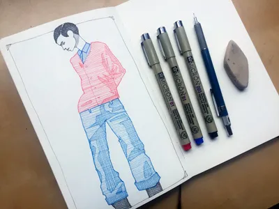 Mr. Rogers bemyneighbor blackink blueink crosshatching drawing illustration micron moleskine mrrogers patterns redink sketchbook