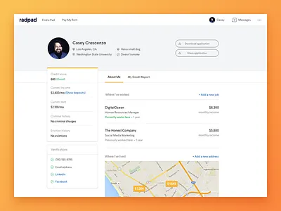 RadPad Profile apartment application profile radpad rent ui