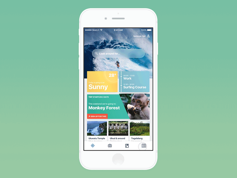 Workcation App – Map Animation android animation app bali guide ios map principle sketch timeline travel ui