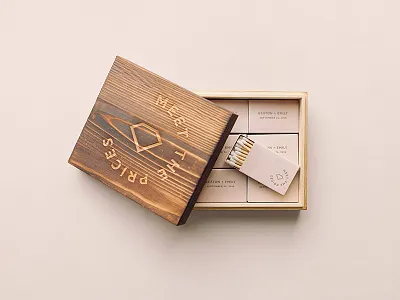 Wedding Identity branding cnc foil gold identity match book minimal wedding wood