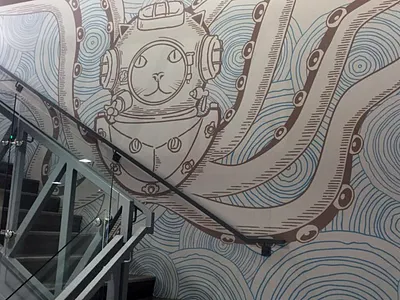 Groupon Seattle Office Murals cat drawing helmet illustration line art mural ocean octopus underwater wall art