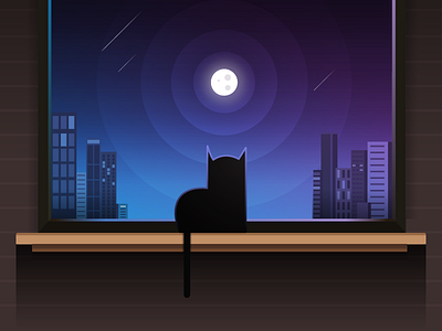 Night View blue buildings cat illustration night night view window