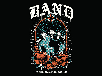 taking over the world apparel band halftone merch metal pop punk roses skull tshirt vector world