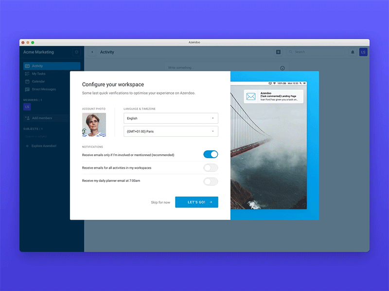 Azendoo – Onboarding detail animation interface notifications onboarding switch transition ui ux