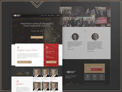 Website homepage for Gibi art deco black brandon grotesque conference elegant event gold material michael j fox retro speaking