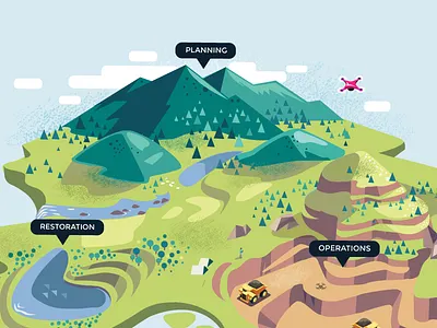 Mining with Drones colourful drone forest illustration infographics isometric mining operation planning visual