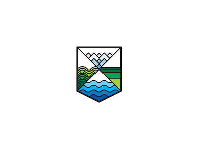 Four Lands blue design green hills logo minimal mountains retail shield stained glass water