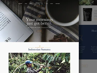 Press Coffee Club Website brand branding clean coffee flat icons identity layout menu navigation newspaper ui