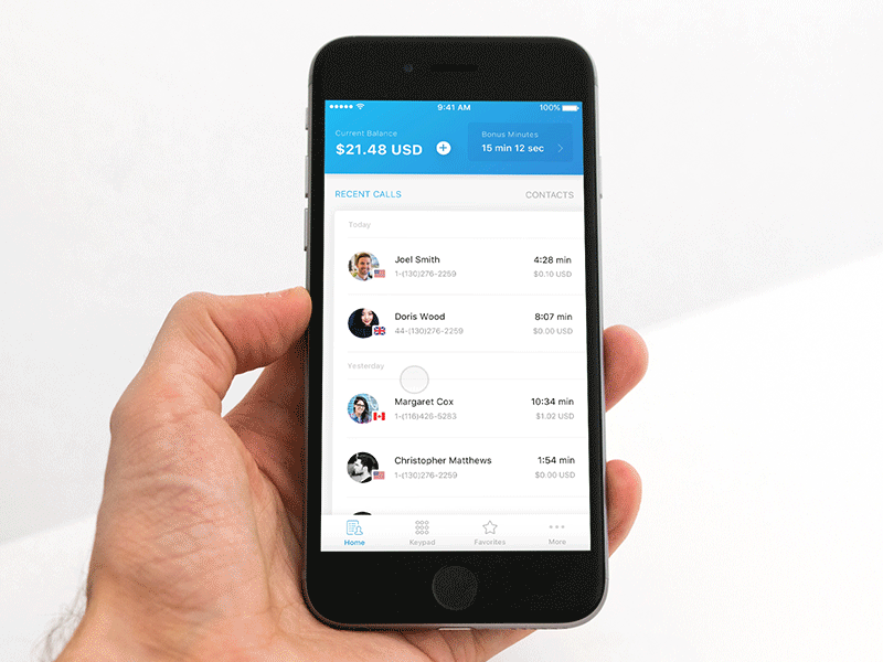 Calling App Interaction animation call list calls contacts interactions ios mobile app principle recent calls swipe