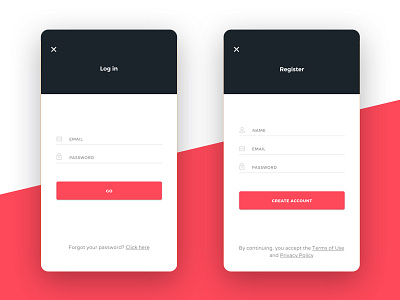 Log in & Register Screens clean login minimal register ui ux