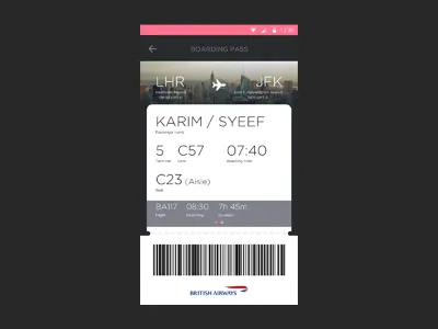 Flight App concept airline airport android barcode boarding pass cards flat ui flight material design mobile ticket