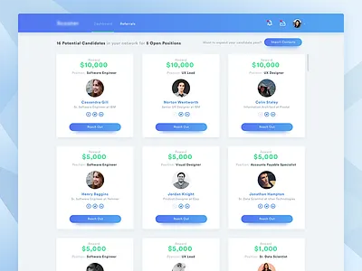 Candidates - Employee View blue card dashboard diffuse shadow geometric hiring profile shadow tms ui ux
