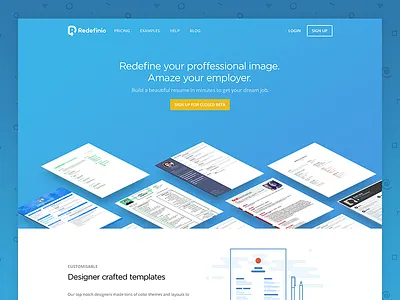 Redefinio product page beta blue cv design flat landing resume sign up ui web